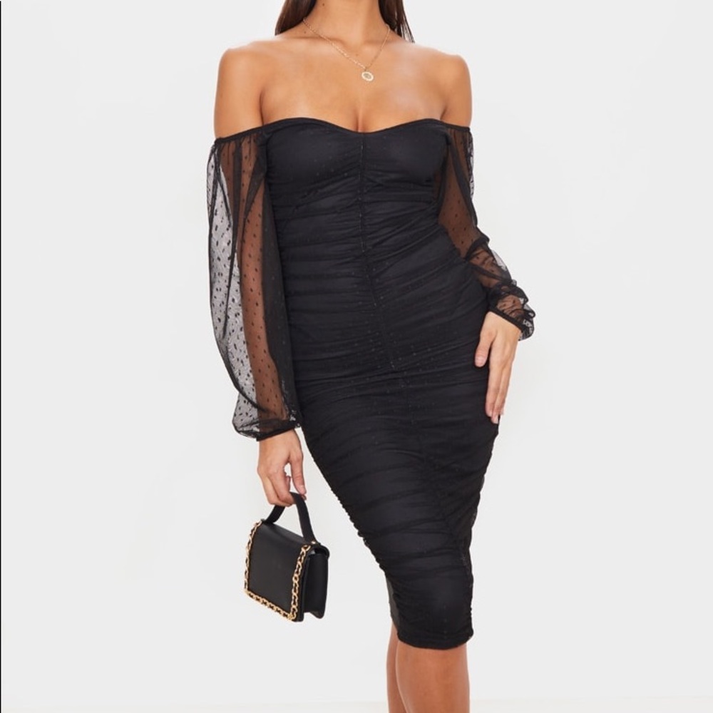 Shape Black Mesh Ruched Bardot Midi